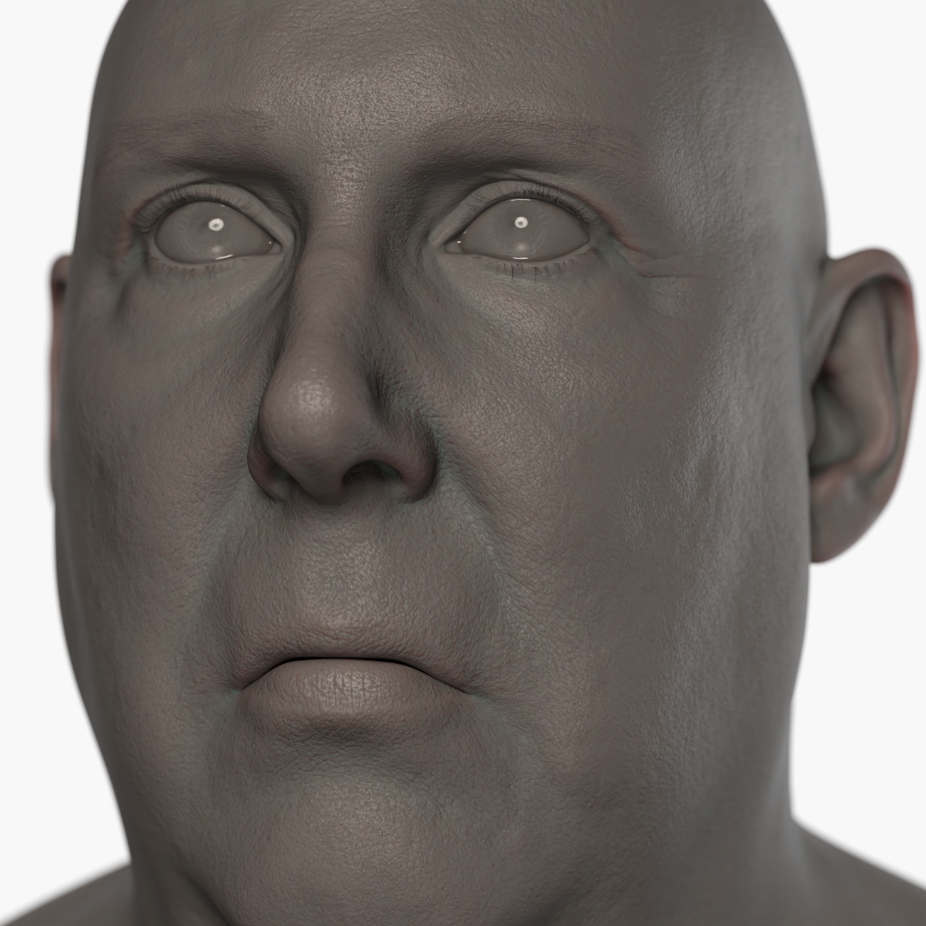 Clay render of a middle-aged male 3D head scan showing fine skin pore and surface detail